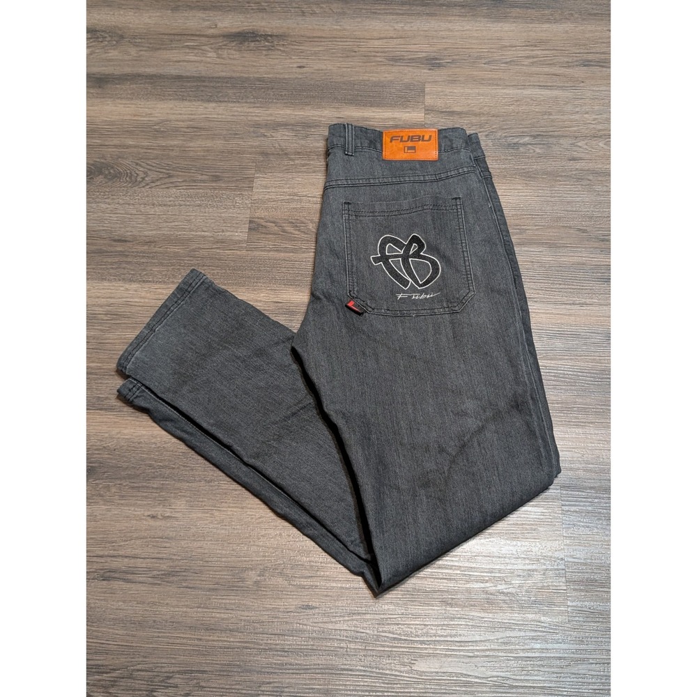 FUBU Jeans Mens 34x32 Dark Wash Denim‎ Embroidered Logo Casual Pants